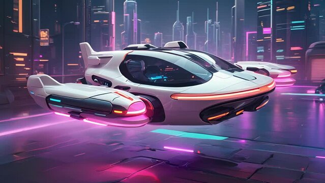 Minimal illustration of a futuristic cityscape with flying cars and neon lights.