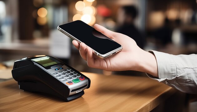 Close up view at hand hold mobile phone, touch a credit card reader on the counter inside the coffee shop. Cashless payment concept.