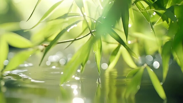 Closeup of the vibrant green hues of the bamboo leaves, offset by the soft tones of the cascading water.