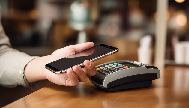 Close up view at hand hold mobile phone, touch a credit card reader on the counter inside the coffee shop. Cashless payment concept.