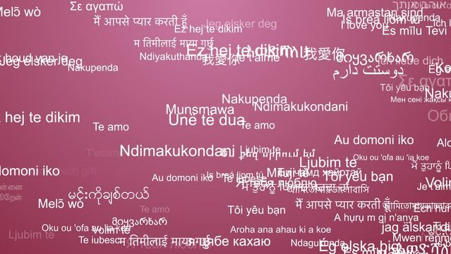 i love you message in different languages effect seamless loop animation come across pink screen background 