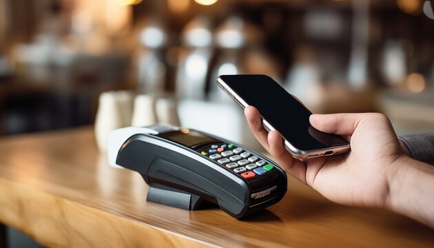 Close up view at hand hold mobile phone, touch a credit card reader on the counter inside the coffee shop. Cashless payment concept.