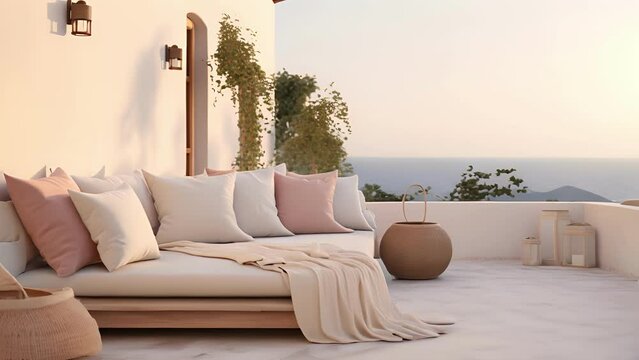 Minimalistic view of a serene Mediterranean terrace, featuring soft Peach Fuzzcolored cushions and rustic terracotta accents.