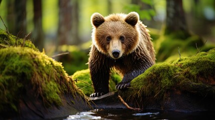 Carpathian Brown Bears Foraging for Food in the Mountains, Highlighting the Coexistence of Ursids with the Dense Forested Landscapes of Eastern Europe - obrazy, fototapety, plakaty