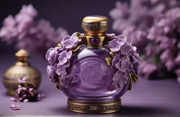 Badezimmer Foto Rückwand Violet circle perfume bottle decorated lilac flowers from AI Generative © Arceli