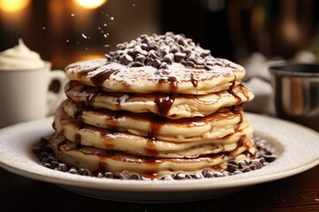  Indulge in Chocolate Chip Pancakes Topped with a Generous Dollop of Nutella and a Sprinkle of Powdered Sugar - A Sweet Morning Treat