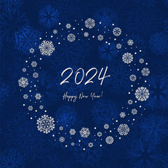 2024 happy new year. white text on blue repetitive background with snowflakes frame. greeting card. vector template on seamless pattern.