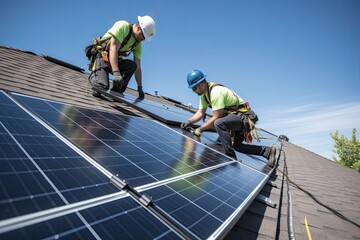 Workers Install solar panels on the roof of the house, renewable energy sources, energy conservation, generative AI