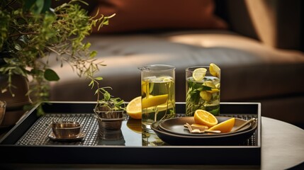 Naklejka na ściany i meble Enhance Your Relaxing Moments: Herbal Tea Served on a Tray, Creating a Serene Atmosphere on Your Living Room Coffee Table.
