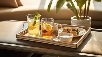 Enhance Your Relaxing Moments: Herbal Tea Served on a Tray, Creating a Serene Atmosphere on Your Living Room Coffee Table.