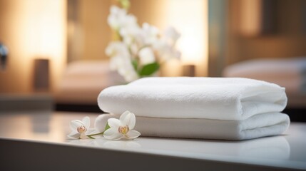 Fototapeta na wymiar Pure Comfort: Indulge in the Luxury of Fresh and Clean Towels, Soft and Plush, Adorned with White Orchids in a Hotel Room Offering Inviting Comfort and Relaxation.
