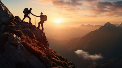 Two men. Travelers lend a helping hand, overcoming obstacles, climbing to the top. Business, the...