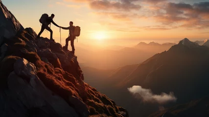 Foto auf Acrylglas Mount Everest Two men. Travelers lend a helping hand, overcoming obstacles, climbing to the top. Business, the path to success. Silhouette of tourists at sunset in the everest mountains in the sun, winter season, t