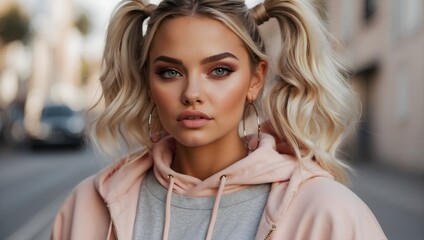 a girl, blonde double buns hair style, light bold eyeshadows, huge silver hoop earrings, outdoor, deeply tanned, pale pink lips, full make up, hoodie ai generated - obrazy, fototapety, plakaty