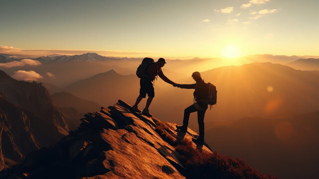 Two Men. Travelers Lend A Helping Hand, Overcoming Obstacles, Climbing To The Top. Business, The Path To Success. Silhouette Of Tourists At Sunset In The Everest Mountains In The Sun, Winter Season, T