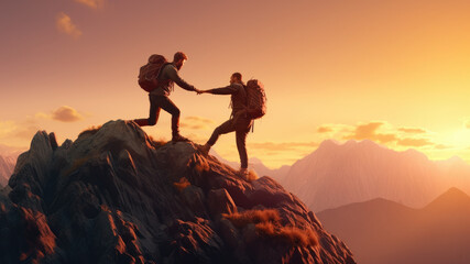 Two men. Travelers lend a helping hand, overcoming obstacles, climbing to the top. Business, the path to success. Silhouette of tourists at sunset in the everest mountains in the sun, winter season, t - obrazy, fototapety, plakaty