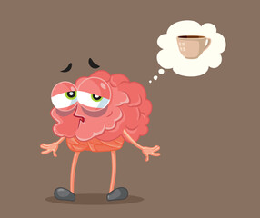 Tired Brain Thinking of Coffee Vector Cartoon Illustration. Sleepy mind in need for an energy boosting caffeine beverage
