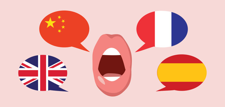 Vector Polyglot Mouth Speaking Multiple Foreign Languages. Person knowing Mandarin, Spanish, English and French language 
