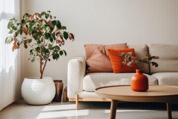 Closeup of a Japanese Living Room: Minimalist Design with Pops of Color and Natural Lighting.




