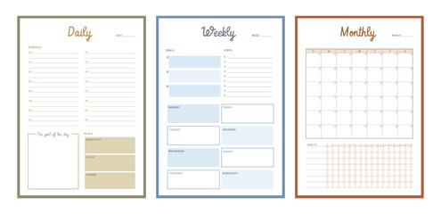 set 3 of Daily Weekly Monthly Planner. Minimalist planner template set. Vector illustration.	