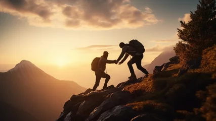 Crédence de cuisine en verre imprimé Everest Two men. Travelers lend a helping hand, overcoming obstacles, climbing to the top. Business, the path to success. Silhouette of tourists at sunset in the everest mountains in the sun, winter season, t