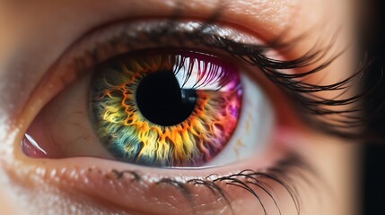Fototapeta premium A close-up of a young woman's eye with rainbow-colored iris. Concepts related to ophthalmic cosmetic procedures and facial recognition