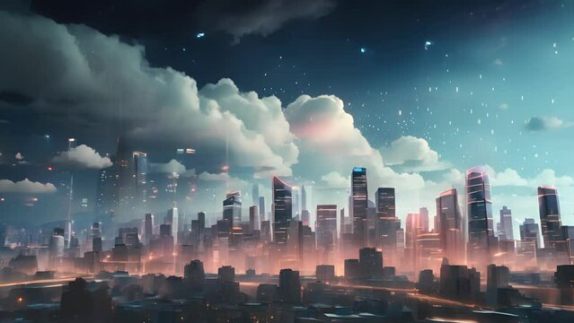 Minimal animation of a minimalist cityscape with moving clouds and ling lights, capturing the bustling energy of urban life.