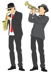 man playing trumpet and saxophone