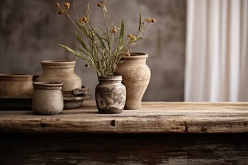 Vintage Elegance: Transforming the Cottage Interior with Timeless Decor, Featuring a Weathered Table and Rustic Flower Vase for a Cozy and Welcoming Ambiance.