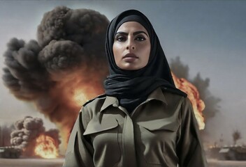 portrait of an Arab woman in military uniform and hijab against the backdrop of an explosion of military equipment