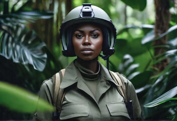 female soldier in a helmet against the background of the jungle portrait, looking at the camera