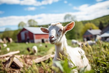 Cheese from the Hills: Exploring the Charm of a Vermont Goat Cheese Farm - A Showcase of Artisanal Craftsmanship with Playful Goats in Picturesque Surroundings.

 - obrazy, fototapety, plakaty