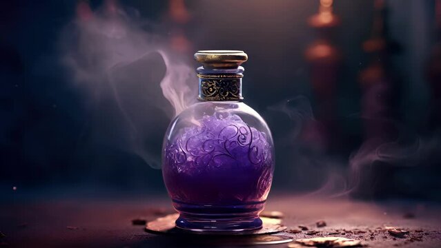 An ethereal glass vial with a hint of smoky color filled with a velvety purple potion Fantasy art concept.
