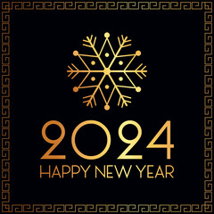 Vector greeting card design in geometric art deco style. Text Happy New Year 2024, a snowflake, antique Greek ornament border. Gold on black background. Square format.