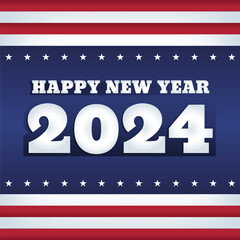 Vector web banner. Abstract background with the colors and elements of USA flag. Greeting text in a bold font: Happy New Year 2024. Retro styled design. Square format.