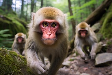 Fototapeta premium Japanese Macaques Gracefully Move Along the Trails Near Mount Fuji, Enhancing the Scenic Beauty of the Winter Landscape with Their Graceful Presence