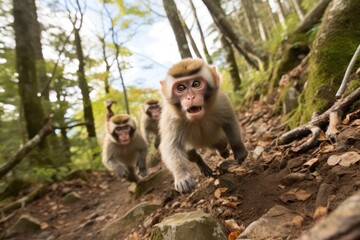Naklejka premium Japanese Macaques Gracefully Move Along the Trails Near Mount Fuji, Enhancing the Scenic Beauty of the Winter Landscape with Their Graceful Presence