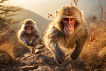 Japanese Macaques Gracefully Move Along the Trails Near Mount Fuji, Enhancing the Scenic Beauty of the Winter Landscape with Their Graceful Presence