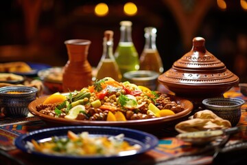 Marrakech Culinary Odyssey: Journey to the Heart of Morocco - An Enchanting Photo Showcasing a Traditional Tagine Feast Amidst Intricate Moroccan Tiles, Creating a Mesmerizing Culinary Adventure.

