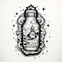 Tattoo-Inspired Black & White Illustration of a Milk Bottle