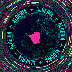 Algeria on globe. Satelite view of the world centered to Algeria. Bright neon style. Futuristic radial bricks background. Artistic vector illustration.