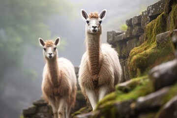 Andean Llamas in Machu Picchu: Llamas peacefully grazing amidst the ancient ruins of Machu Picchu, creating a harmonious blend of history and nature - obrazy, fototapety, plakaty