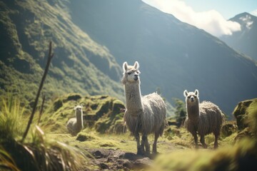 Andean Llamas in Machu Picchu: Llamas peacefully grazing amidst the ancient ruins of Machu Picchu, creating a harmonious blend of history and nature - obrazy, fototapety, plakaty