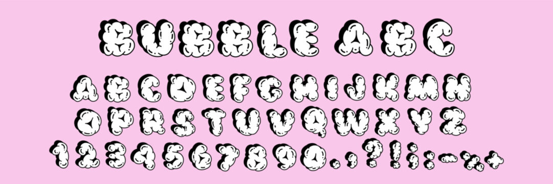 Hand Drawing Balloon Bubble Alphabet. Cartoon Abstract Shape Cloud elements in kids drawn style. Trendy Retro Y2K letters, numbers, symbols set. Funky Childish Graffiti Latin Font Vector Illustration