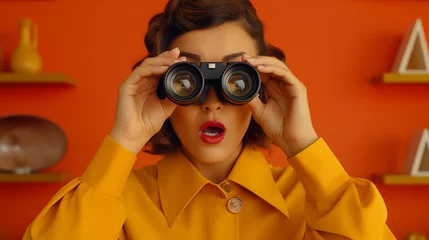 Deurstickers Woman looking into binoculars Looks excited or shocked on an orange background © BB_Stock
