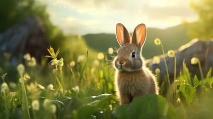 Rolgordijnen rabbit in the meadow Light shines through in the evening. © BB_Stock