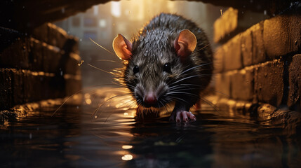 A wet and dirty rat in the drainpipe