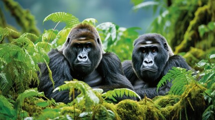 Naklejka premium Discover the Majestic Rwenzori Range: Exploring the Natural Habitat of Mountain Gorillas - A Once-in-a-Lifetime Adventure in Africa's Untamed Wilderness.