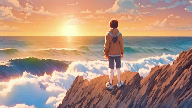 Jonah found himself standing edge cliff, overlooking endless with waves made ripples rainbow colors. looked down, noticed that surface water water all, reflective surface 2d animation