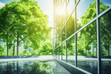 Reflecting greenery, a corporate glass building symbolizes ESG principles, advocating sustainability integration into business practices - obrazy, fototapety, plakaty